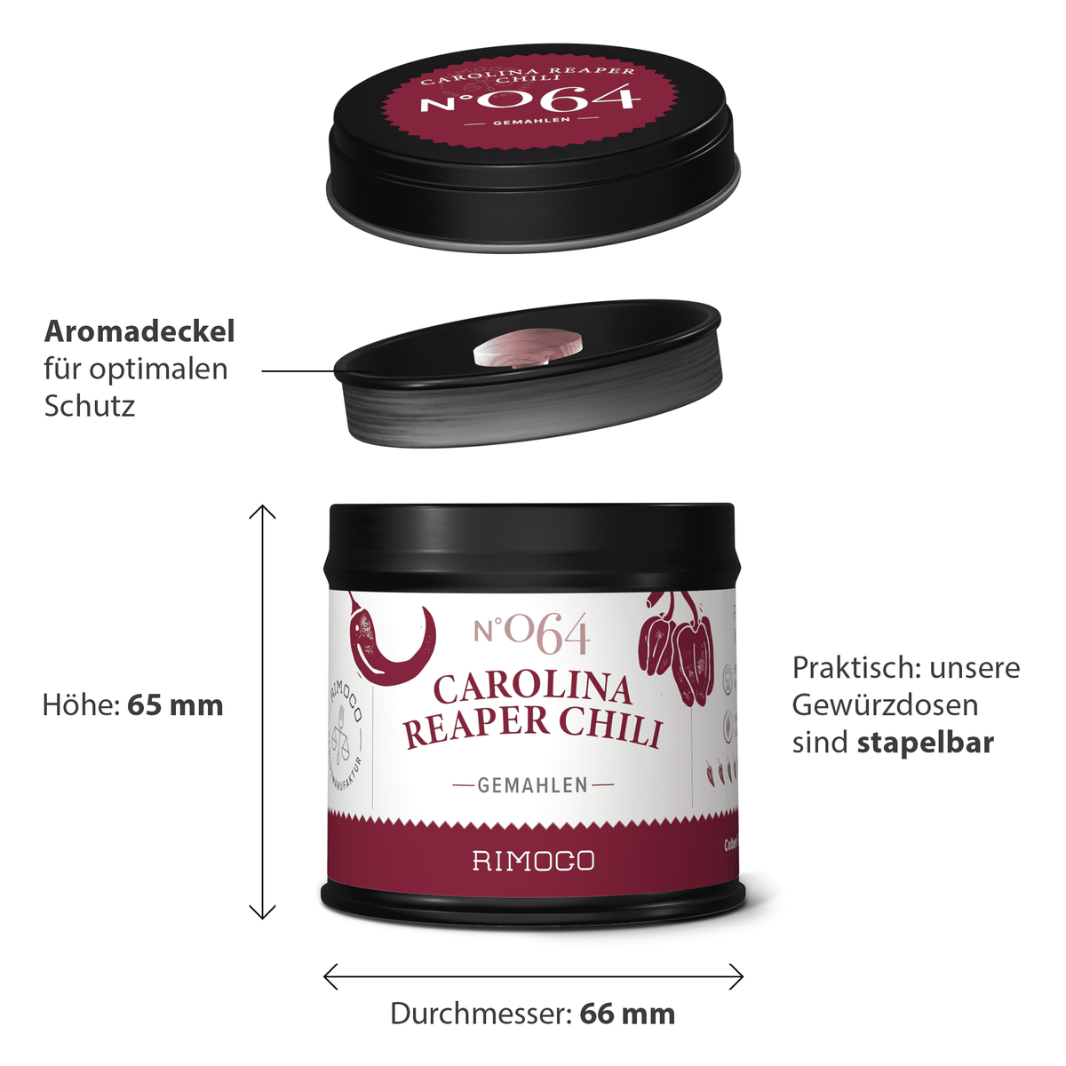 Carolina Reaper Chili-Dose in Schwarz-Rot mit stapelbarem Deckel, extrem scharf.