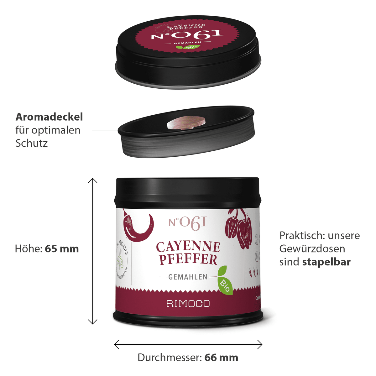 Schwarze Gewürzdose Bio Cayennepfeffer, stapelbar, Etiketten auf Deutsch.