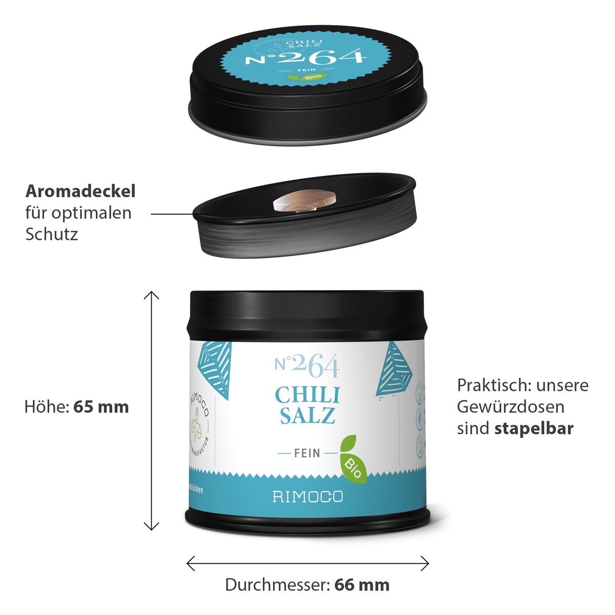 Runde schwarze Bio-Chilisalz-Dose mit Meersalz und Birds Eye Chili, stapelbares Design sichtbar.