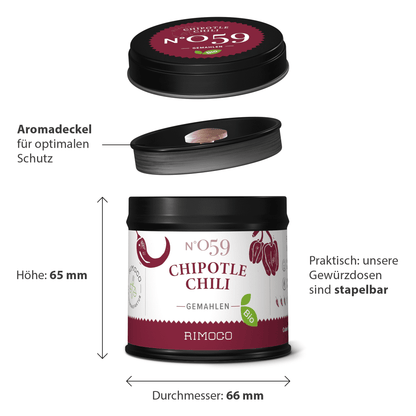 Schwarze Gewürzdose mit Aufschrift Bio Chipotle Chili gemahlen, stapelbar und mit Schutzdeckel.