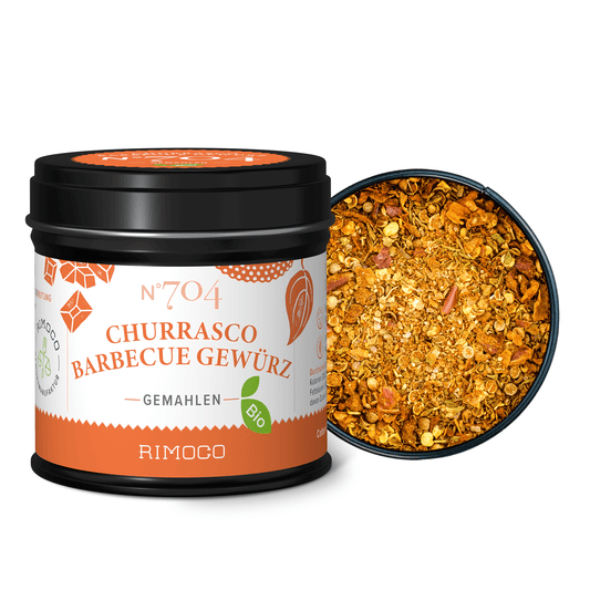 Bio Churrasco Barbecue Gewürz, geöffnete Dose, Deckel abgenommen.