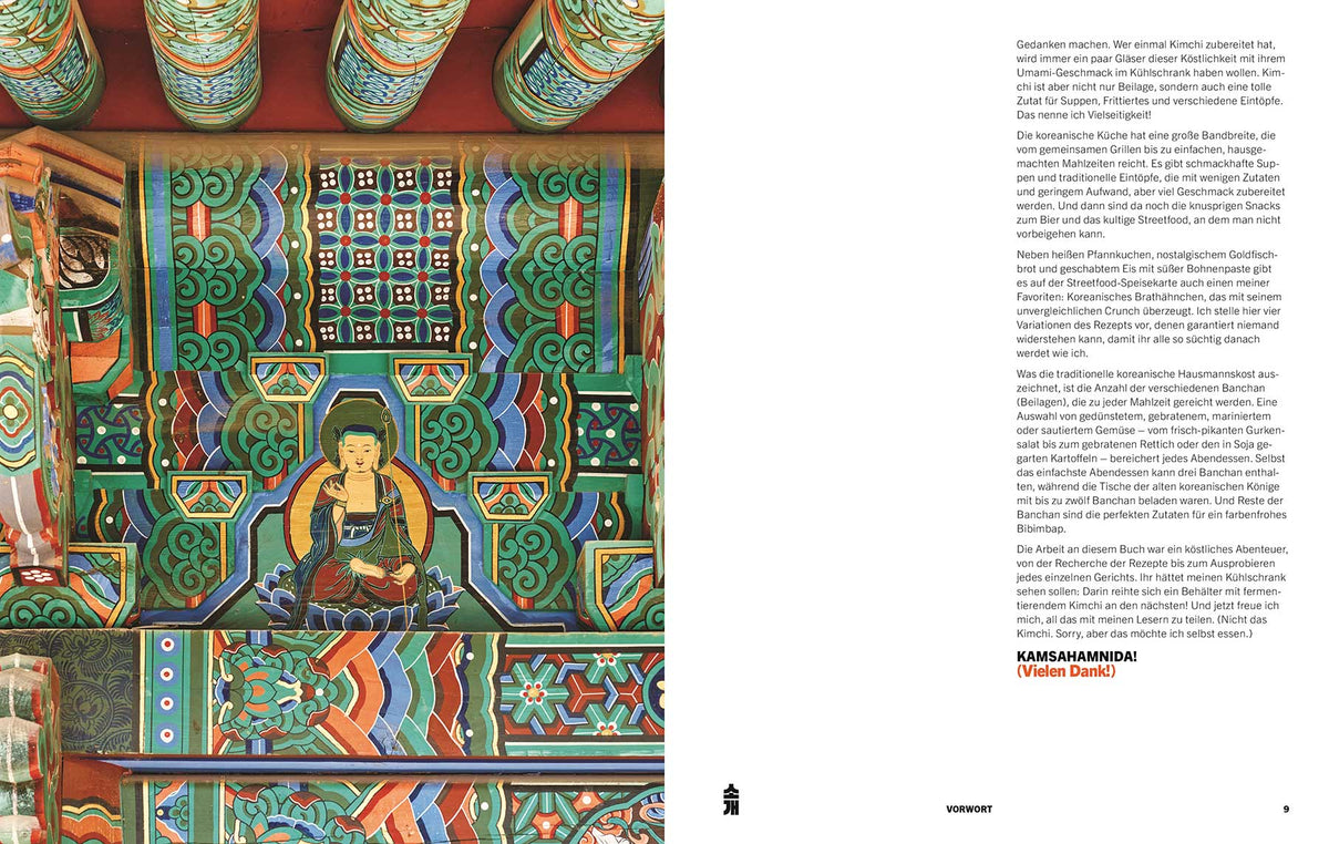 Farbenfroher buddhistischer Tempel mit verzierten Mustern, einer Buddha-Statue und dem Buch „Cook Korea“.