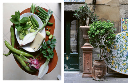 Links frisches grünes Gemüse, rechts Geschenkset Cucina Vegetariana neben einer Tür und Zitronentisch.