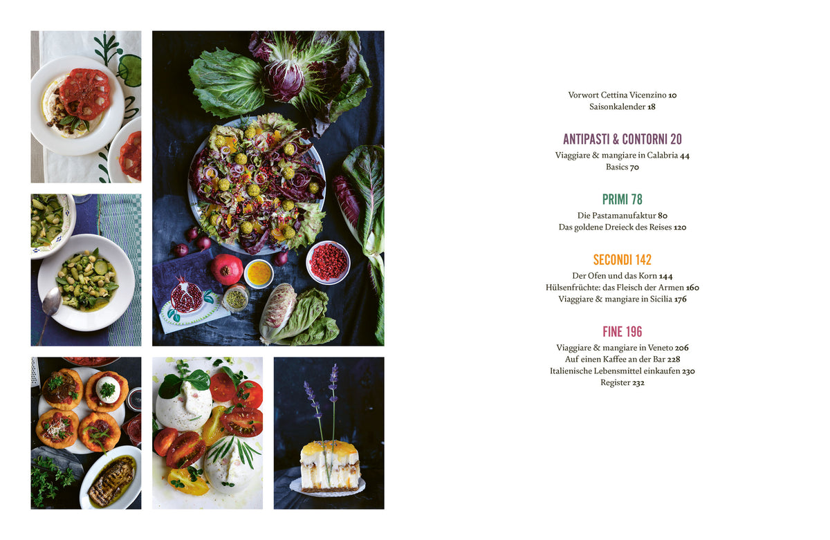 Italienische Gerichte und frisches Gemüse, daneben das Menü des Geschenksets Cucina Vegetariana auf Weiß.