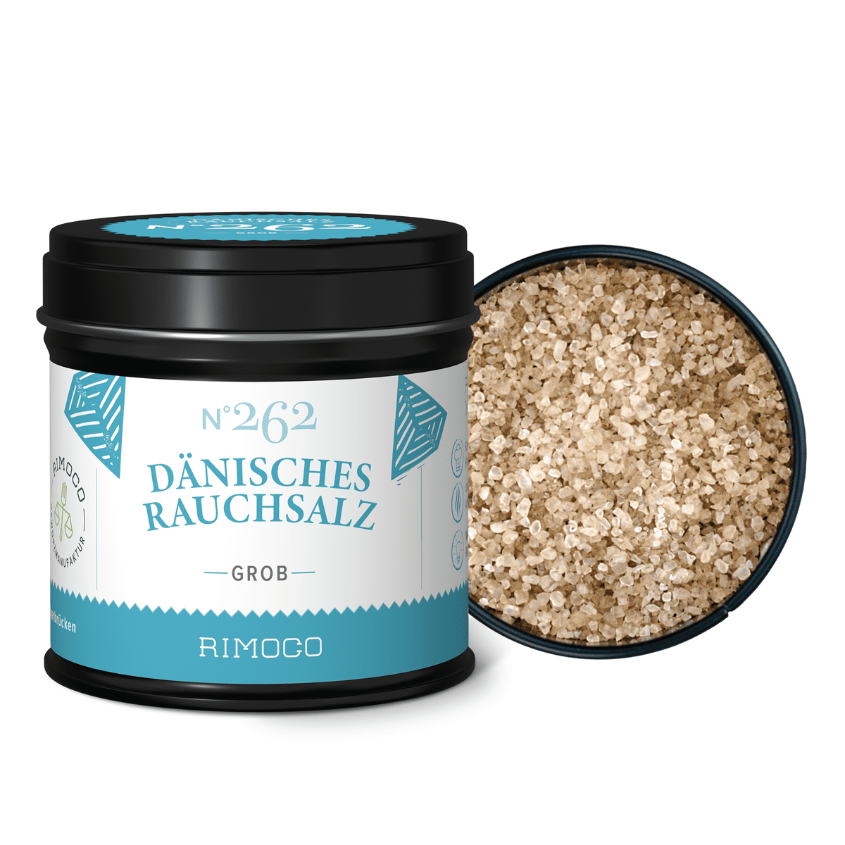 Dänisches Rauchsalz in schwarzer und blauer Dose mit grobem, geräuchertem Salz.