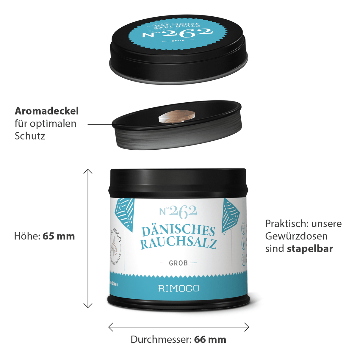 Dose Dänisches Rauchsalz, mit Beschriftung zu Produkteigenschaften.