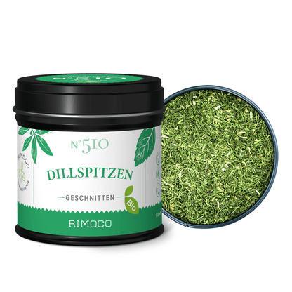 Bio Dillspitzen getrocknete Dose mit abgenommenem Deckel und sichtbarem gehacktem Dill.