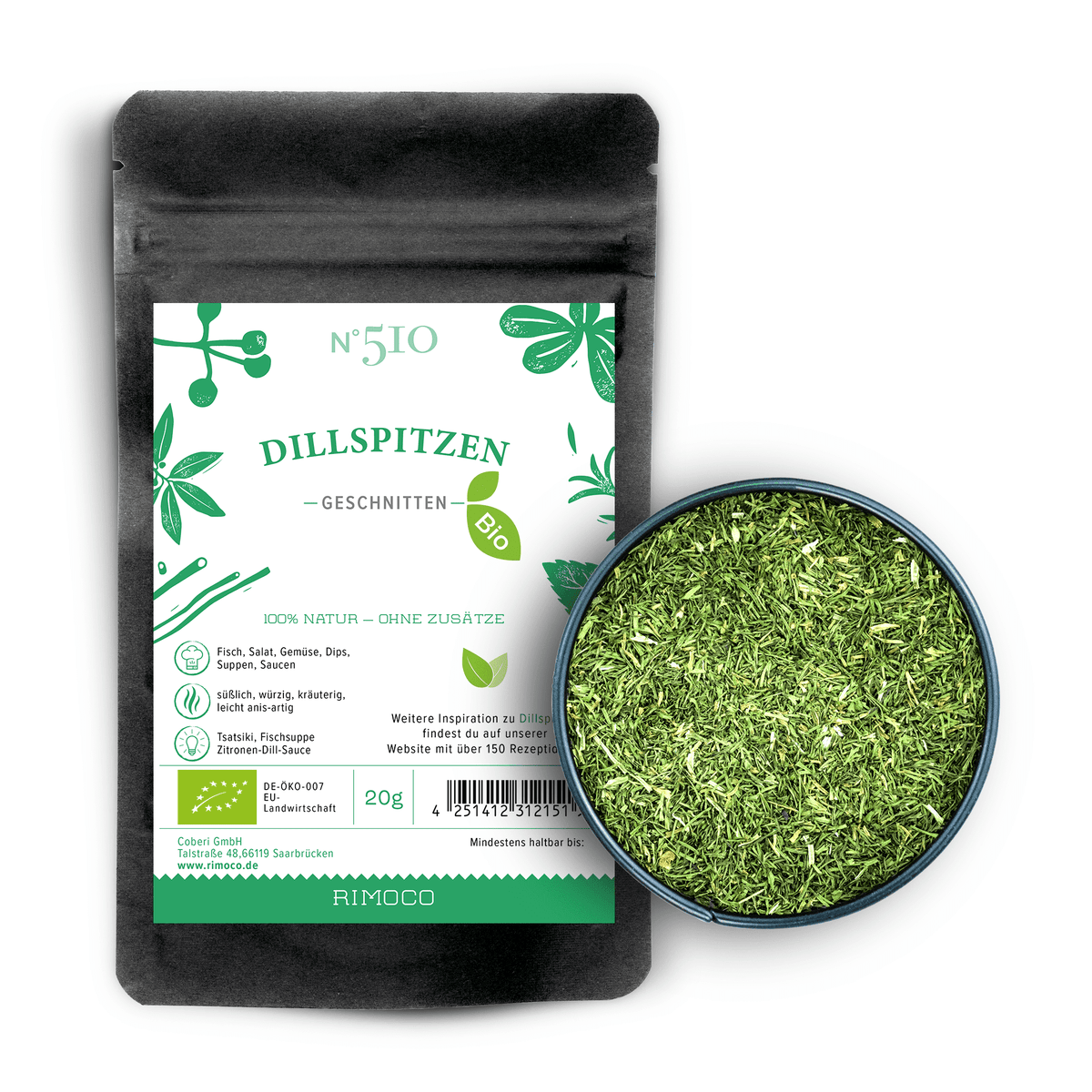 Bio Dillspitzen getrocknet in Packung mit weißem Etikett und grünem Design, dazu eine Schale Dillspitzen.