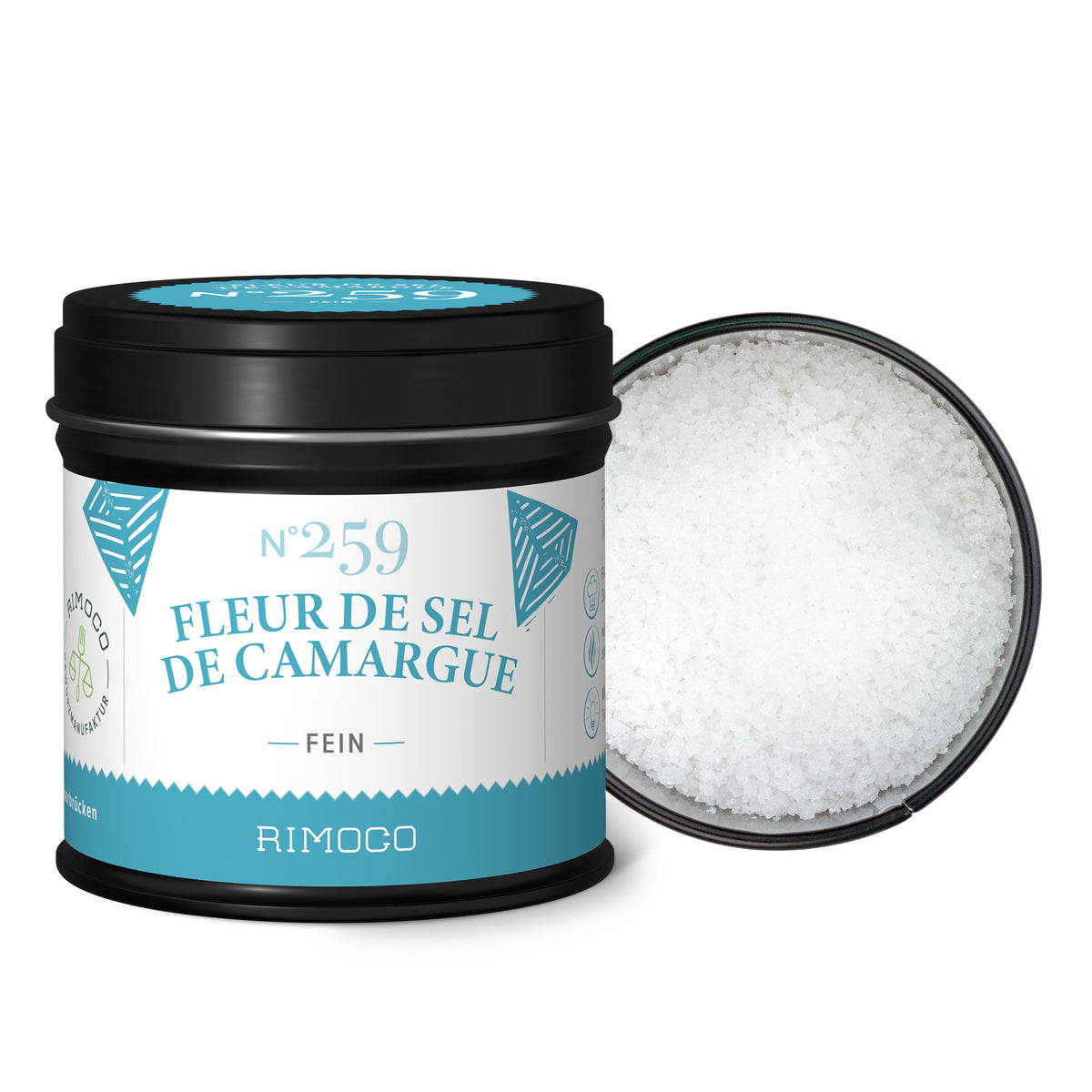 Geöffnete Dose Fleur de Sel de Camargue mit feinen weißen Salzkristallen sichtbar.