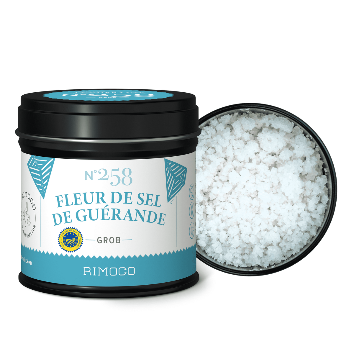 Fleur de Sel de Guérande, schwarze Dose, Produktname und Verpackung sichtbar.