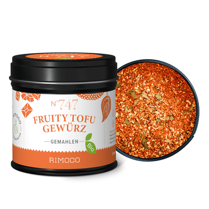 Gewürzdose mit Aufschrift Bio Fruity Tofu