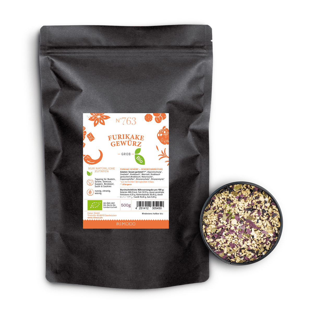 Schwarzer Beutel mit Aufschrift Bio Furikake Gewürz neben Schale mit japanischer Gewürzmischung.