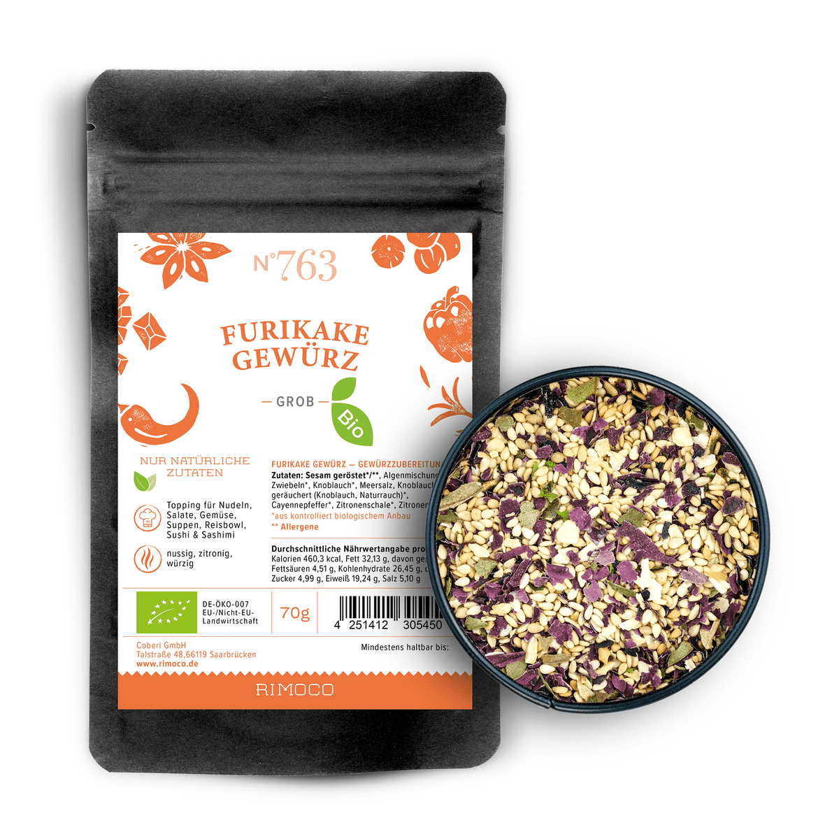 Bio Furikake Gewürz Packung und Schale mit bunten, getrockneten Zutaten sichtbar.