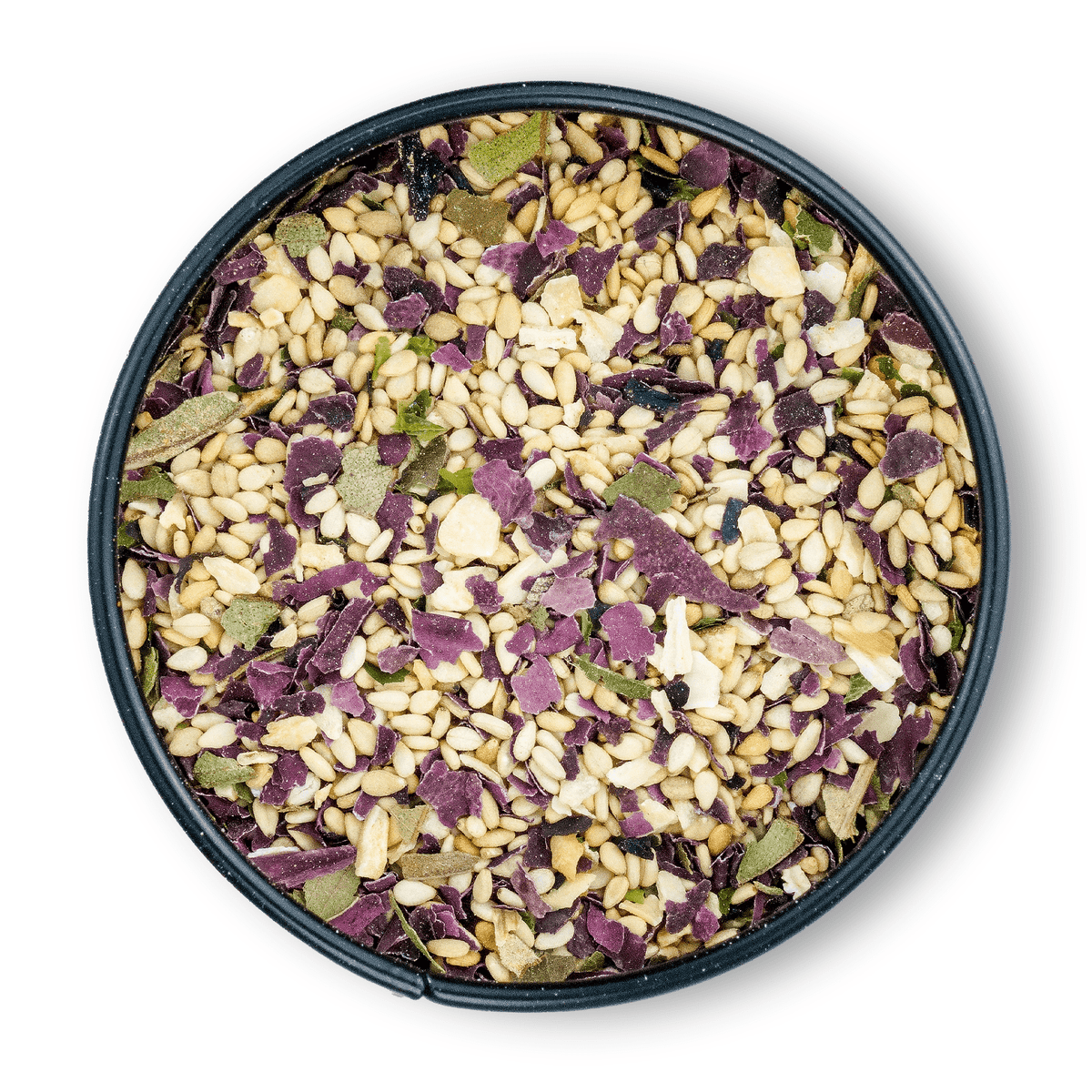 Eine runde Dosis mit Bio Furikake Gewürz, darin eine bunte Mischung aus Samen und Kräutern.
