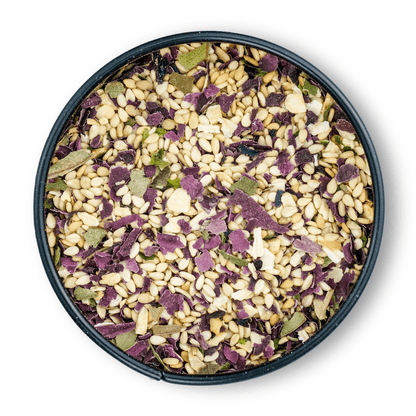 Eine runde Dosis mit Bio Furikake Gewürz, darin eine bunte Mischung aus Samen und Kräutern.