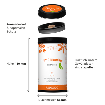 Dose Bio Gemüsebrühe mit sichtbarem Etikett, geöffnetem Deckel und Messskala, stapelbar.