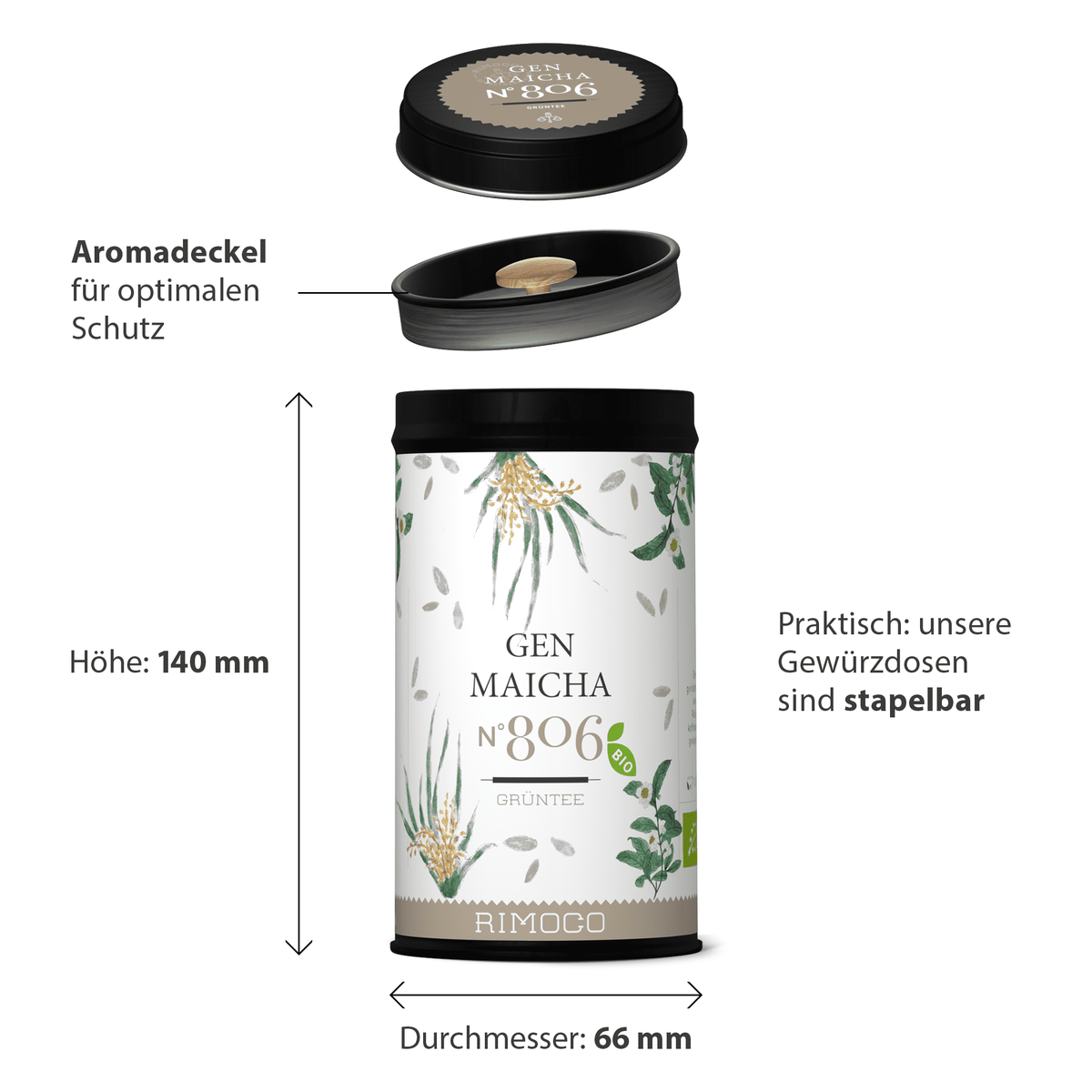 Schwarz-weiße Dose mit Blumendesign, Aufschrift Bio Grüntee Genmaicha, offener Deckel mit Aromasiegel.
