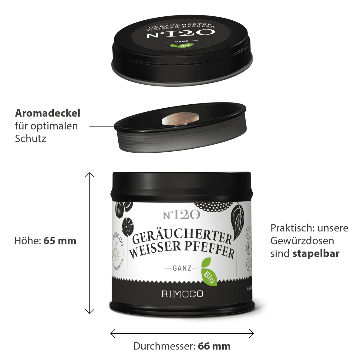 Schwarze zylindrische Dose mit Aufschrift Bio Geräucherter Weißer Pfeffer.