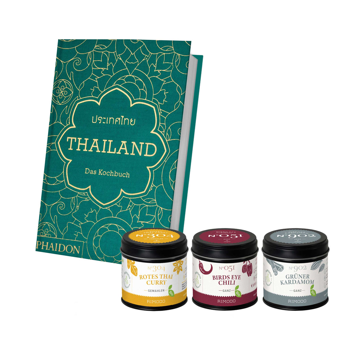 Thai-Kochbuch mit Gläsern: Rotes Thai-Curry, Birds Eye Chili und grüne Kardamomkapseln.
