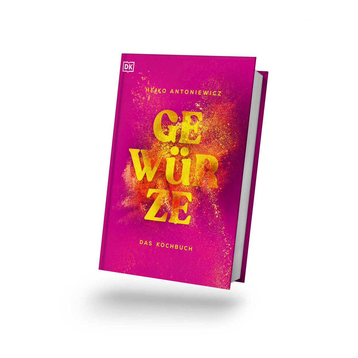 Geschenkset Gewürze - Kochbuch in Pink mit gelber Schrift und buntem Gewürzpulver auf dem Cover.