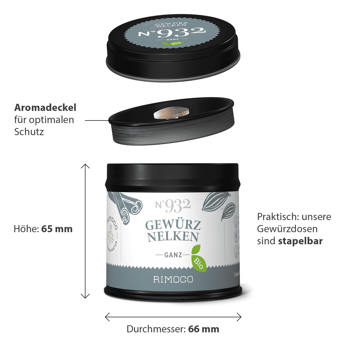 Infografik: Bio Gewürznelken ganz Gewürzdose mit Aromadeckel, 65 mm hoch, 66 mm Durchmesser, stapelbar.