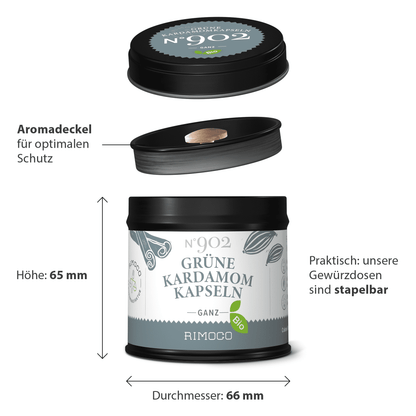 Runde schwarze Dose mit Aufschrift Bio Grüne Kardamomkapseln, Deckel und Maßangaben sichtbar.