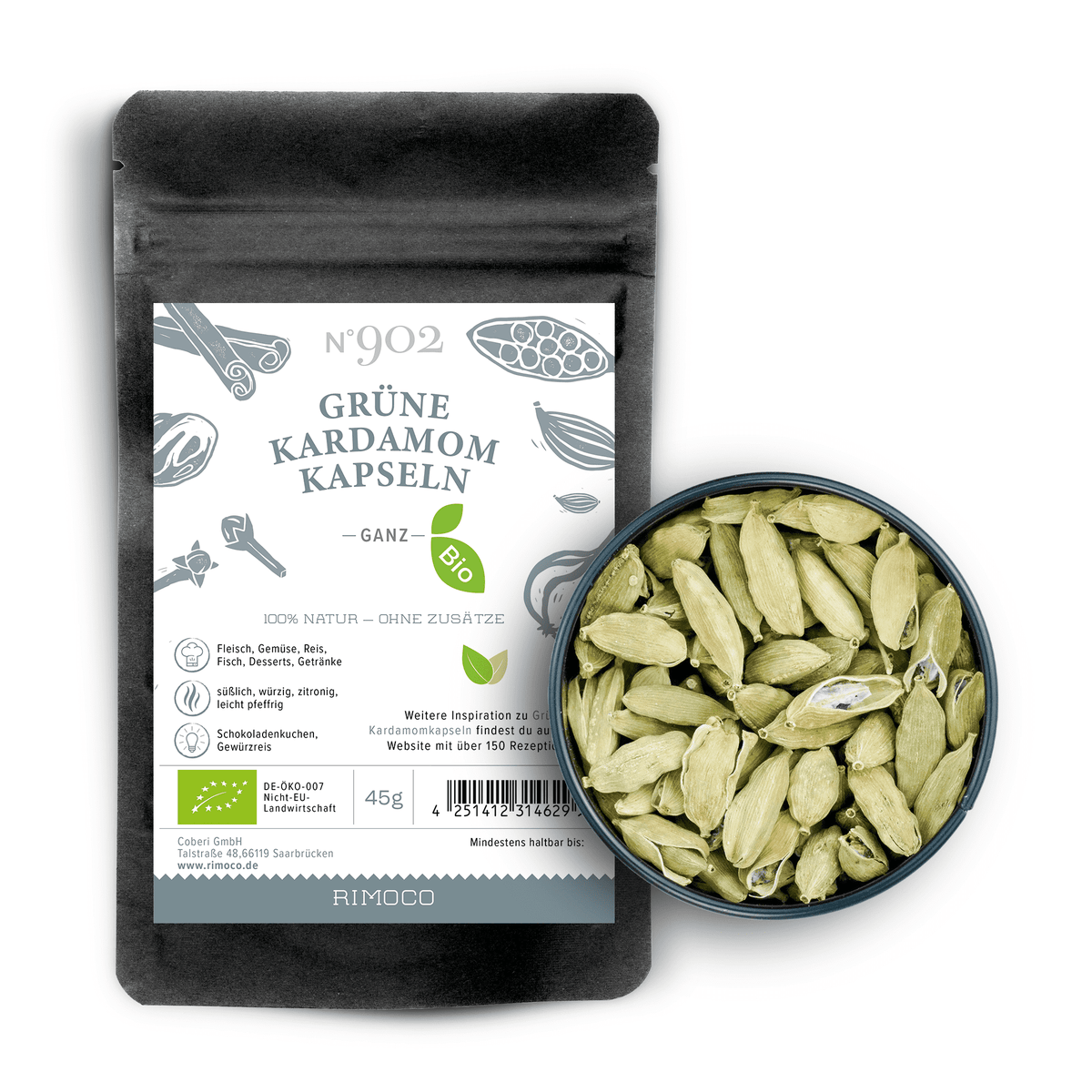 Bio Grüne Kardamomkapseln Packung und eine Schale mit grünen Kardamomkapseln auf weißem Hintergrund.