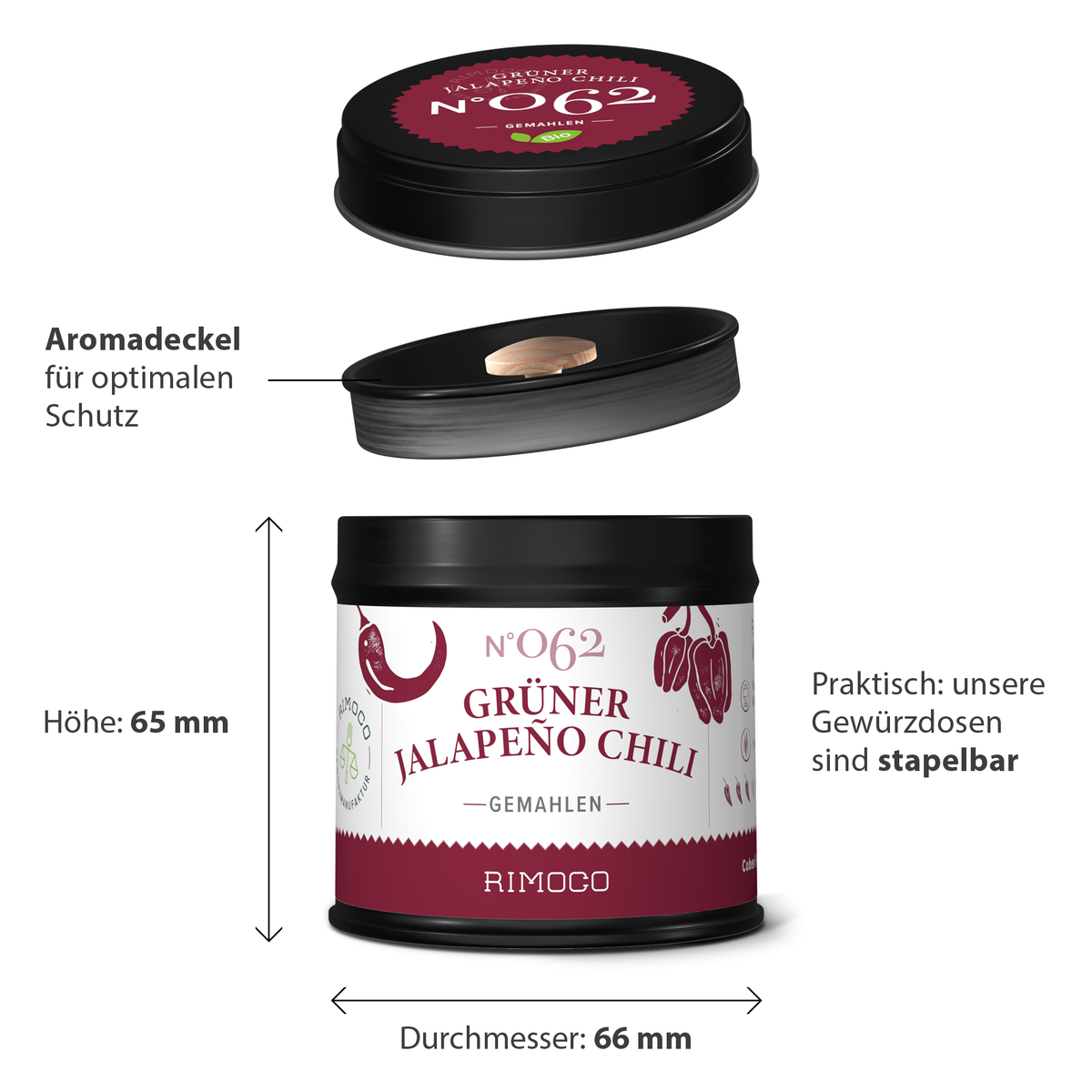 Grüner Jalapeño Chili gemahlen in schwarzer Dose, Deckel einmal offen und einmal geschlossen.