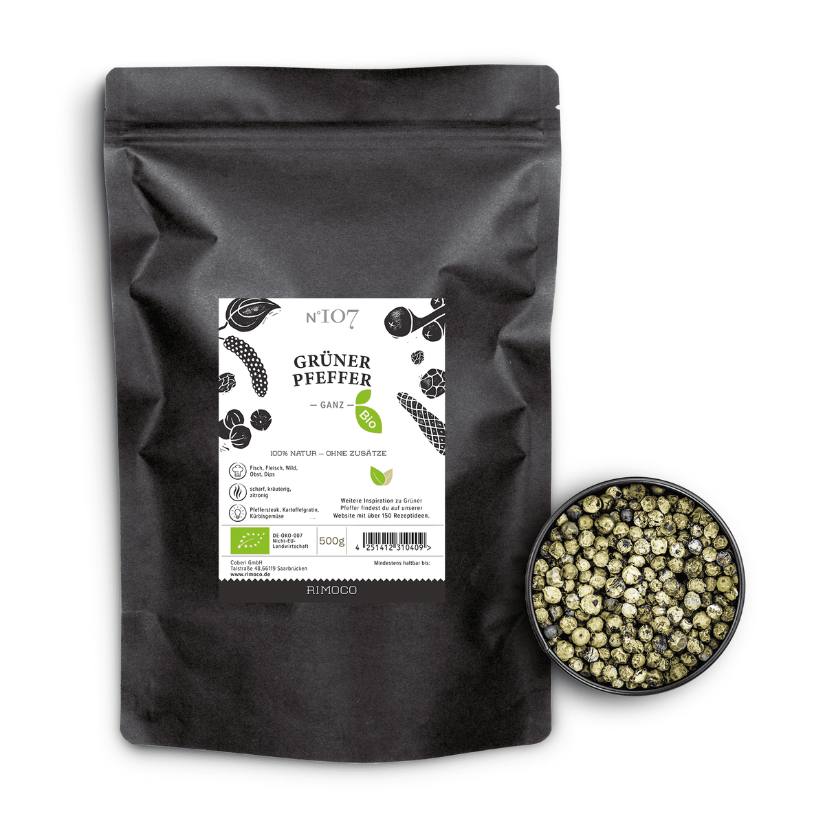 Bio Grüner Pfeffer neben einer Schale mit ganzen grünen Pfefferkörnern.
