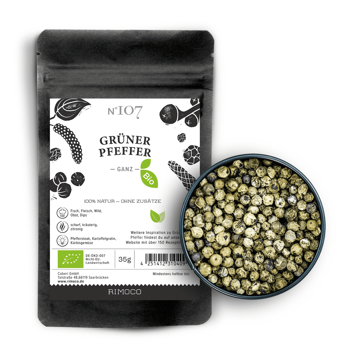 Bio Grüner Pfeffer neben einer Schale mit ganzen grünen Pfefferkörnern.