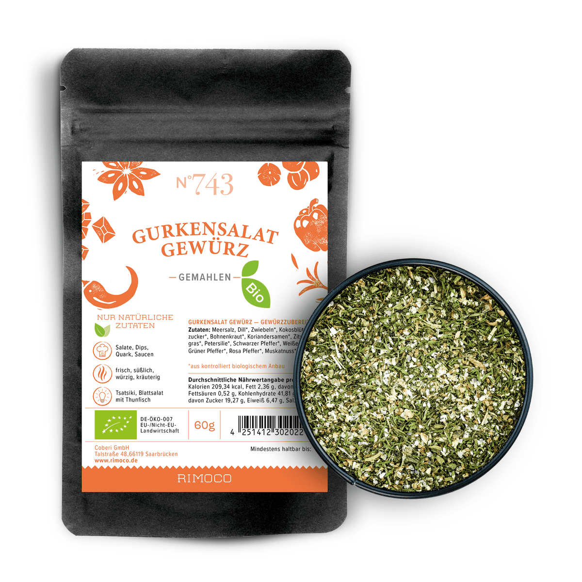 Eine Schale und Packung Bio Gurkensalat Gewürz mit sichtbarem getrocknetem Dill und Kräutern.