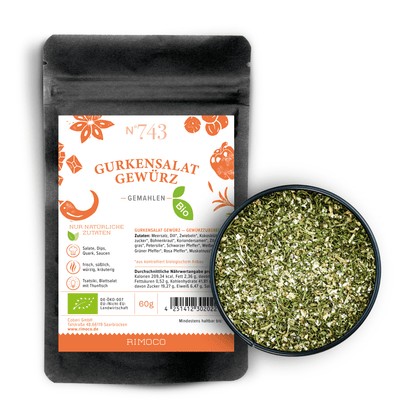 Eine Schale und Packung Bio Gurkensalat Gewürz mit sichtbarem getrocknetem Dill und Kräutern.