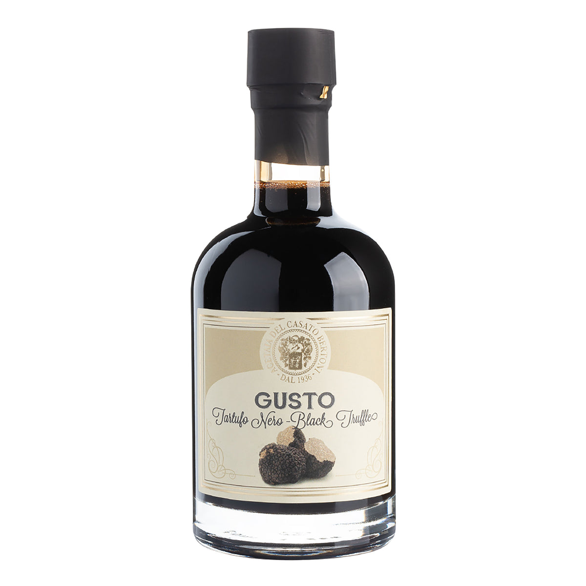 Bertoni Trüffel-Balsamico Condimento mit cremefarbenem Etikett und Trüffelabbildung.