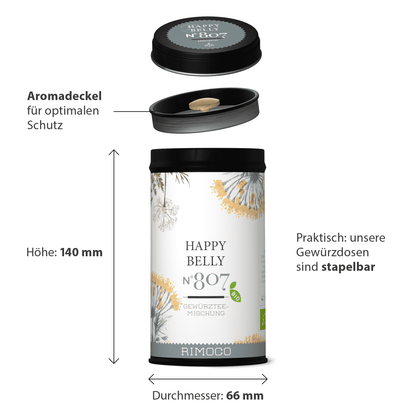 Bio Ayurveda Tee Happy Belly Gewürzdose mit Aromadeckel für Fenchel oder Koriandersamen.