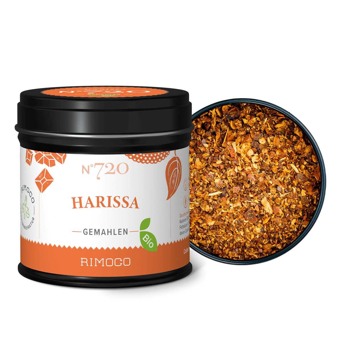 Bio Harissa Gewürz, geöffnete Dose mit sichtbar orange-roter marokkanischer Mischung.
