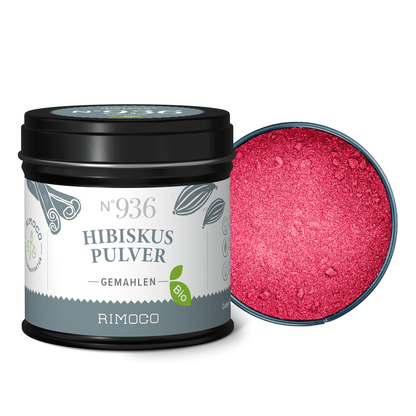 Offene schwarze Dose mit sichtbarem rosa Hibiskusblütenpulver.