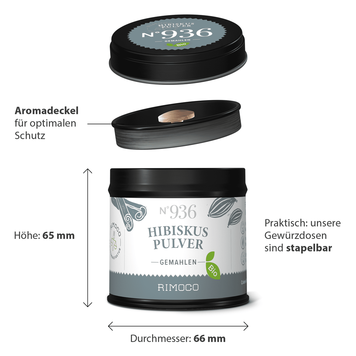 Dose Bio Hibiskus Pulver mit schwarzem Deckel, deutsche Etiketten, Angaben zu Höhe und Durchmesser.