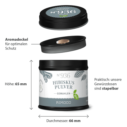 Dose Bio Hibiskus Pulver mit schwarzem Deckel, deutsche Etiketten, Angaben zu Höhe und Durchmesser.