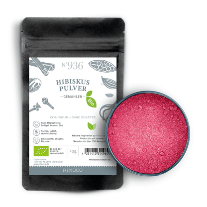 Offene Dose und Packung Bio Hibiskus Pulver mit botanischen Zeichnungen auf dem Etikett.