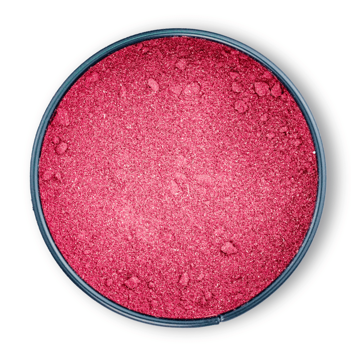 Runde Dose mit leuchtend pinkem, schimmerndem Hibiskuspulver von oben gesehen.