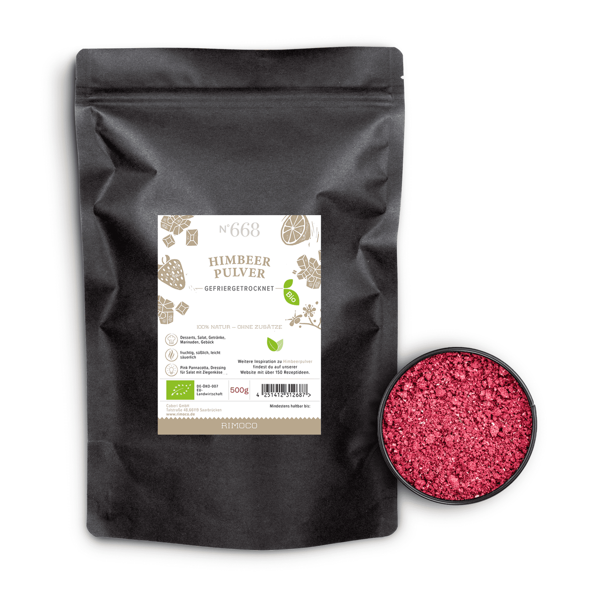 Bio Himbeerpulver Beutel neben einer Schale mit leuchtend pinkem Himbeerpulver.