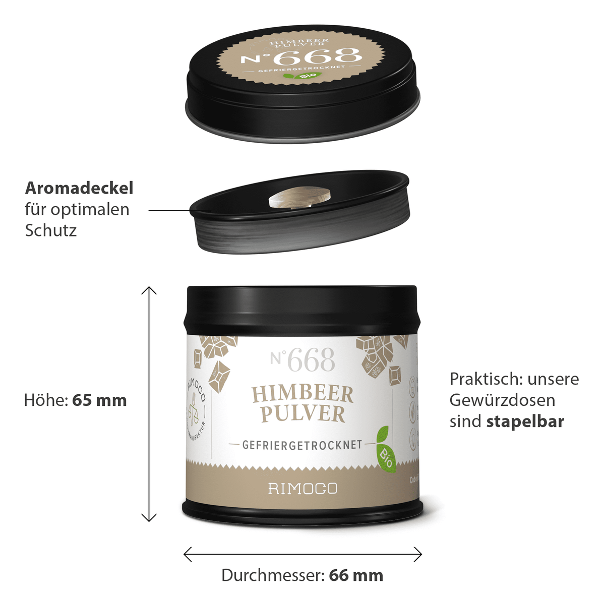 Schwarze und beige Gewürzdose mit Aufschrift Himbeer Pulver für Bio Himbeerpulver.