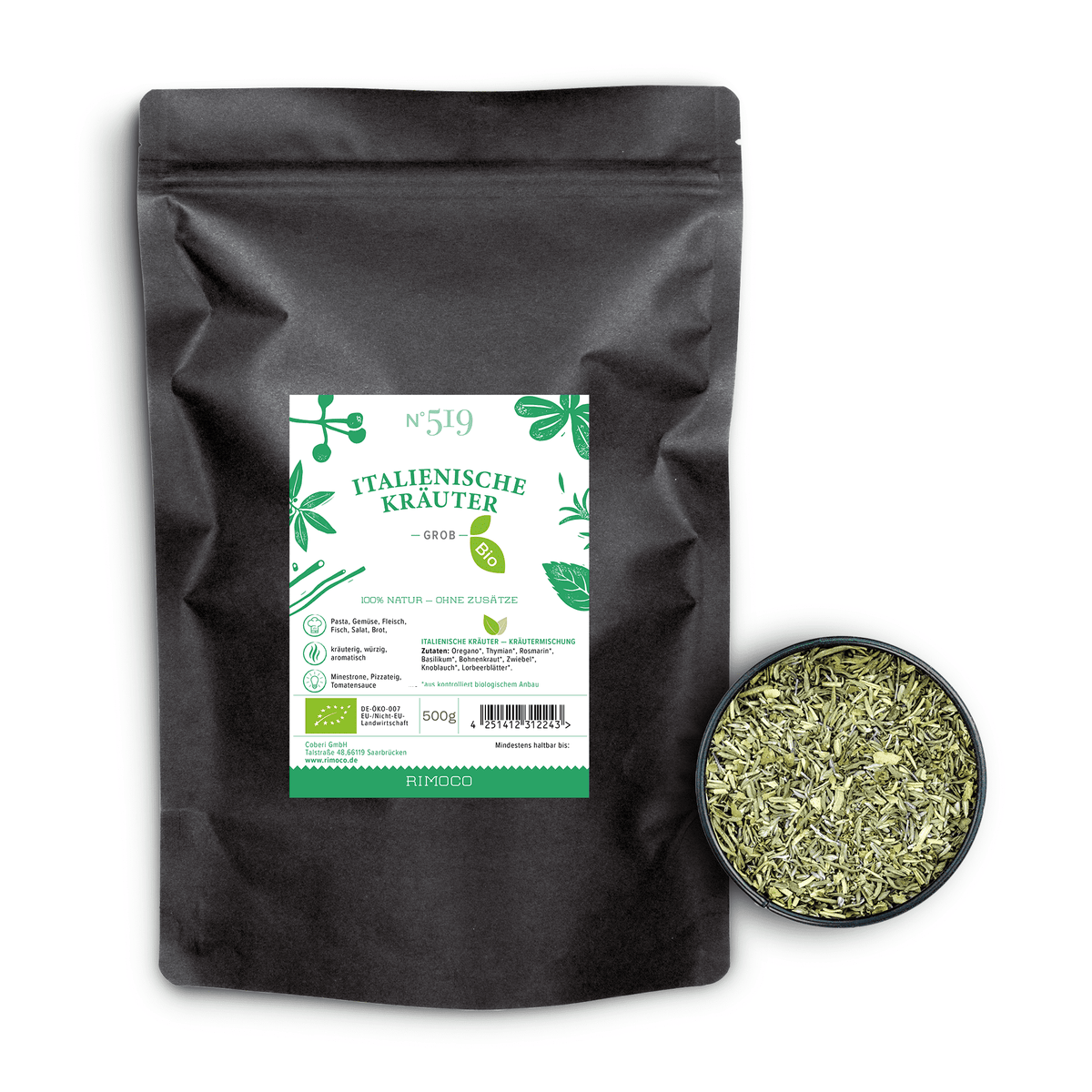 Schale mit getrockneten italienischen Bio-Kräutern neben einem Beutel Bio Italienische Kräuter.