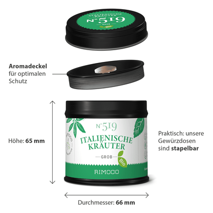 Runde Dose Bio Italienische Kräuter, grünes Etikett, schwarzer Deckel, sichtbare Maße.