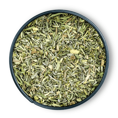 Runde Dose Bio Italienische Kräuter von oben auf weißem Hintergrund.
