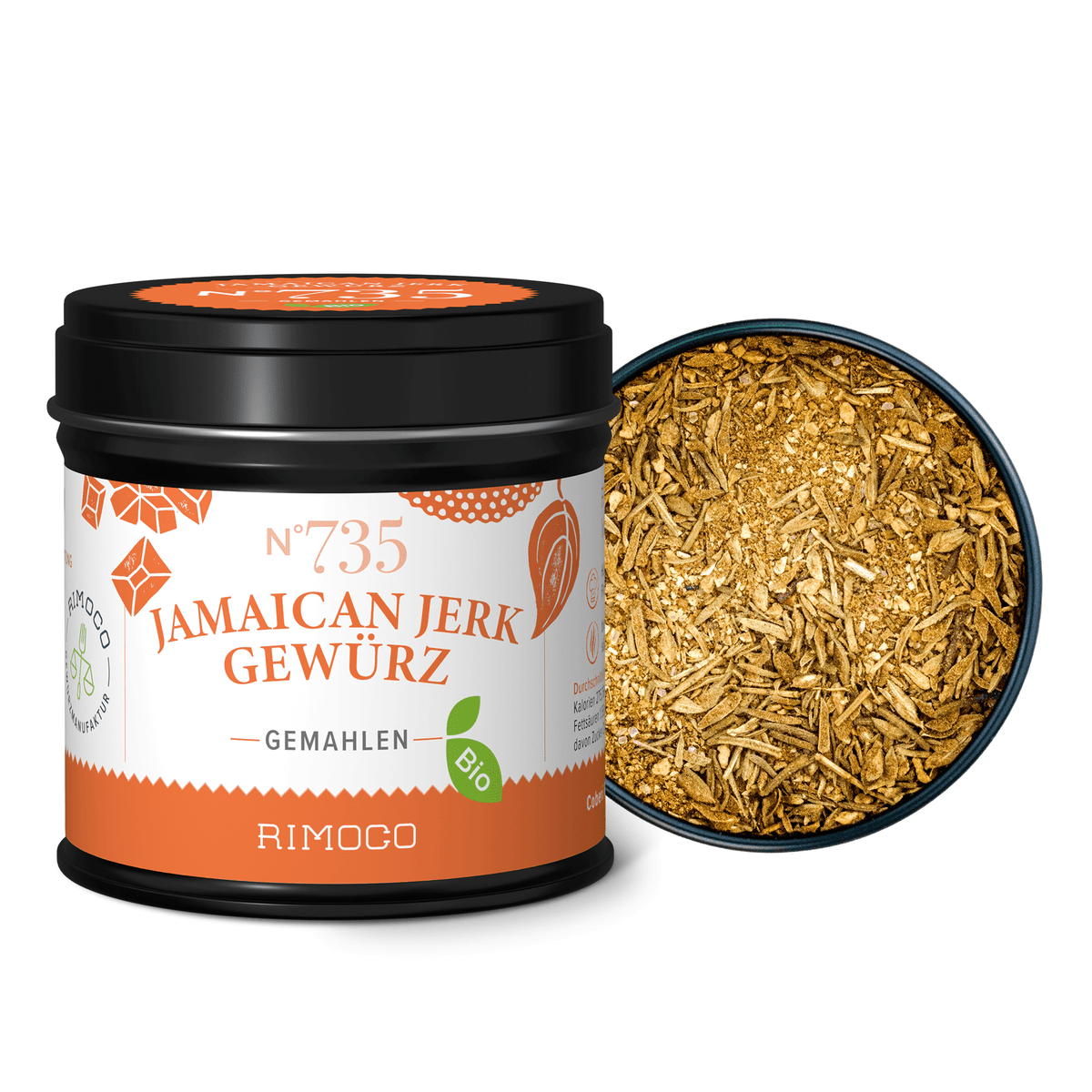 Bio Jamaican Jerk Gewürz im offenen Glas, grobe Gewürzmischung sichtbar.