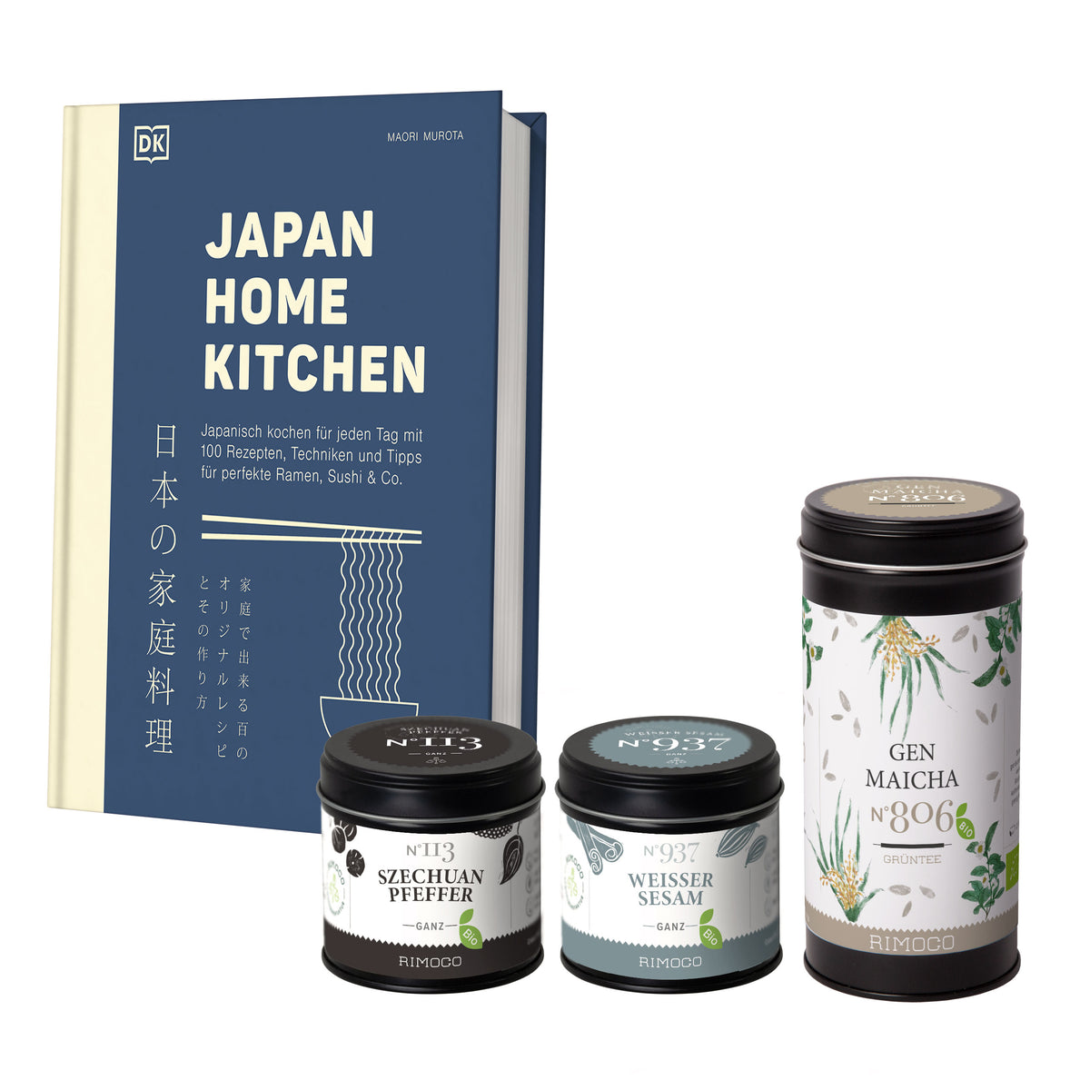 Geschenkset Japan Home Kitchen mit japanischem Kochbuch, grünem Tee und grobem Szechuanpfeffer.