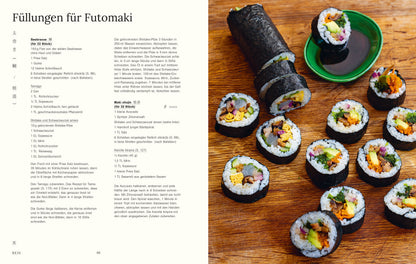 Futomaki-Sushirollen, aufgeschnitten, mit verschiedenen Füllungen auf einem Holzbrett.