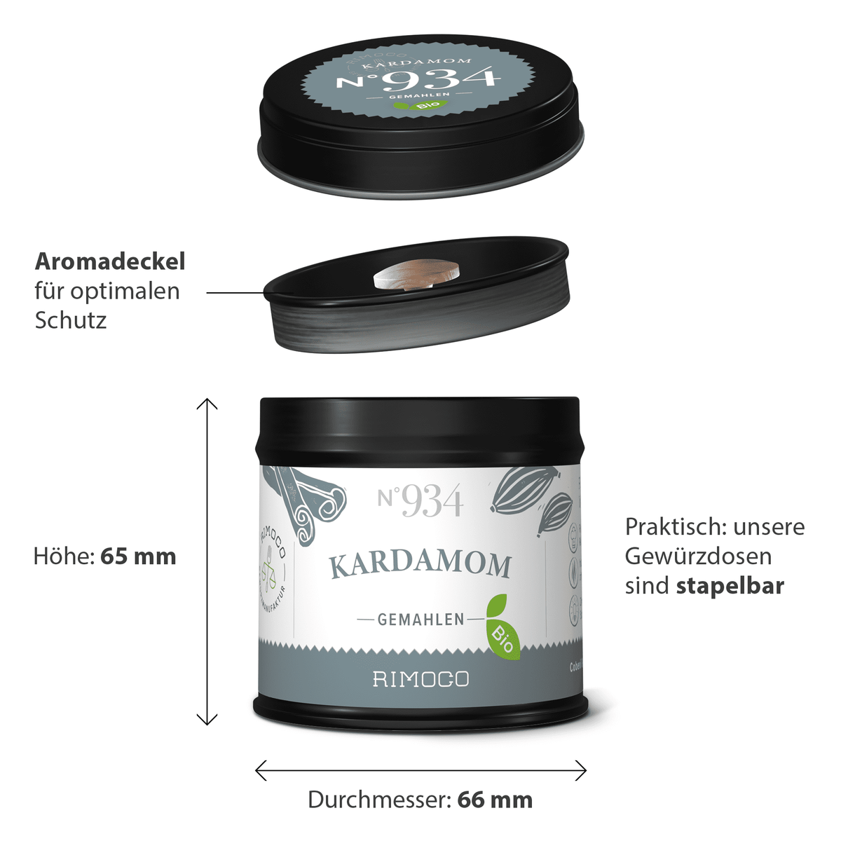 Schwarze Dose mit Aufschrift Bio Kardamom gemahlen; stapelbarer, luftdichter Deckel.