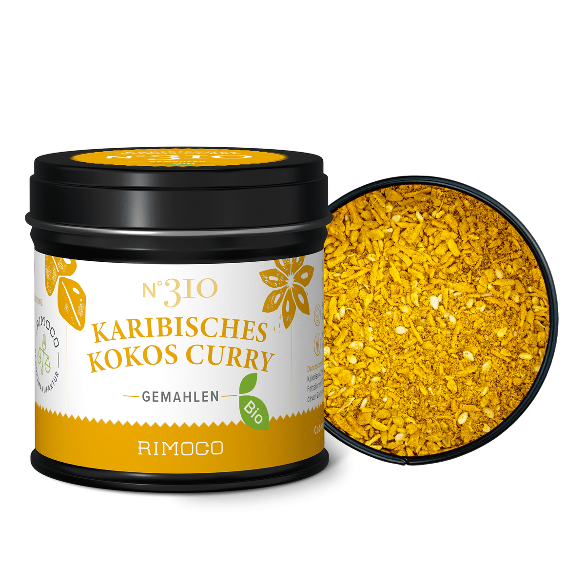 Bio Karibisches Kokos Curry Dose mit gelbem Currypulver und offenem Deckel.